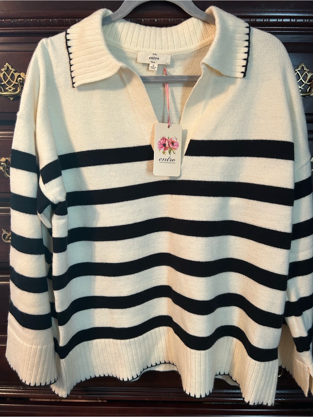 entro Cream and Black Striped Collared V-Neck Sweater